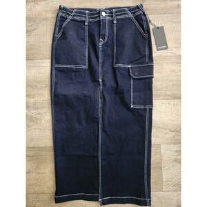 TRUE RELIGION Rinse Dark Blue Denim Long Cargo Utility Skirt NWT Womens Size 28